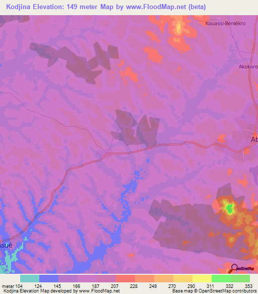 Kodjina,Ivory Coast Elevation Map