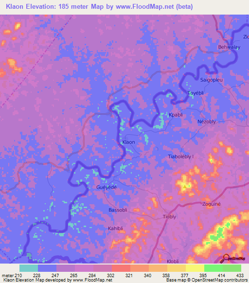 Klaon,Ivory Coast Elevation Map