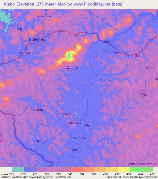 Klabo,Ivory Coast Elevation Map