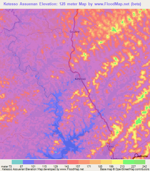 Ketesso Assuenan,Ivory Coast Elevation Map