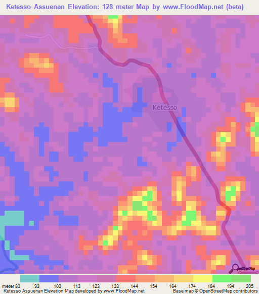 Ketesso Assuenan,Ivory Coast Elevation Map