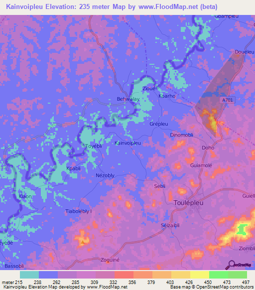 Kainvoipleu,Ivory Coast Elevation Map