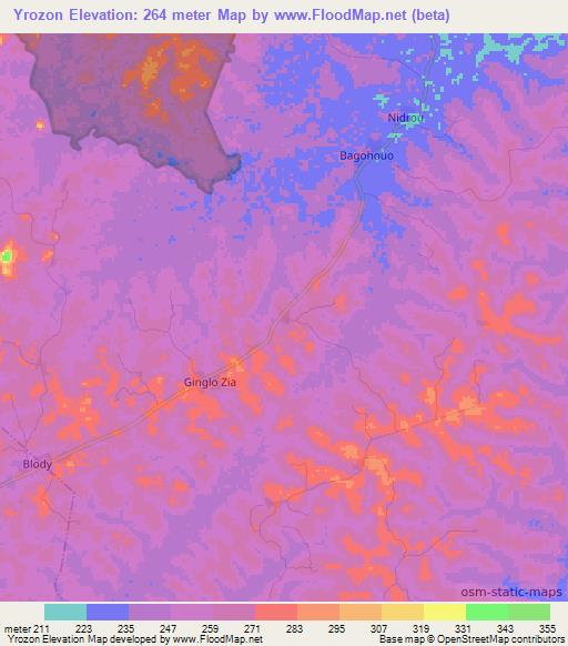 Yrozon,Ivory Coast Elevation Map