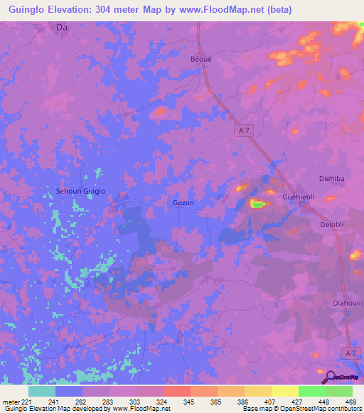 Guinglo,Ivory Coast Elevation Map