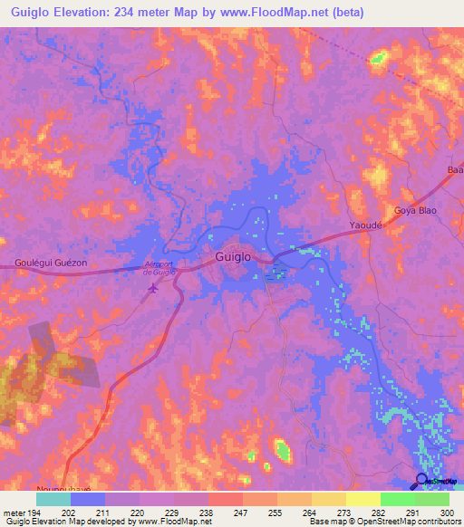 Guiglo,Ivory Coast Elevation Map