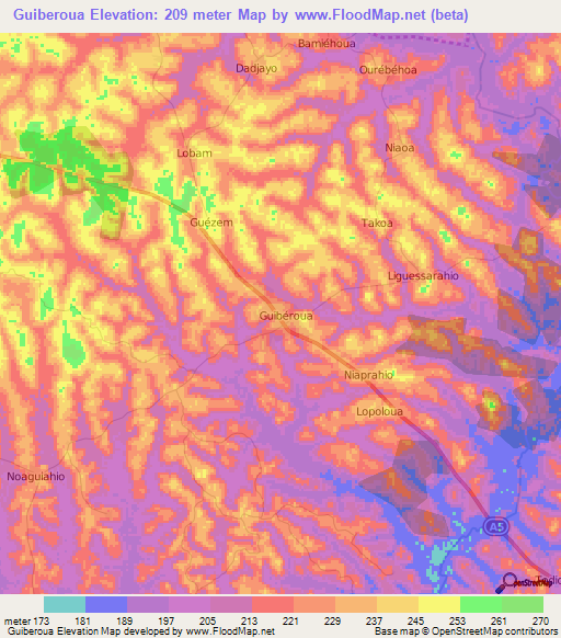 Guiberoua,Ivory Coast Elevation Map