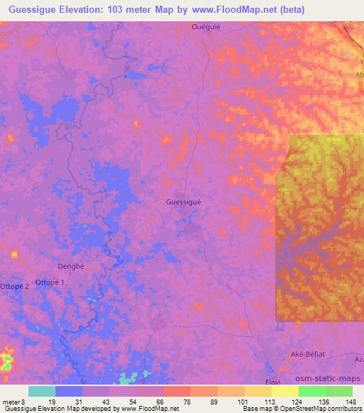 Guessigue,Ivory Coast Elevation Map