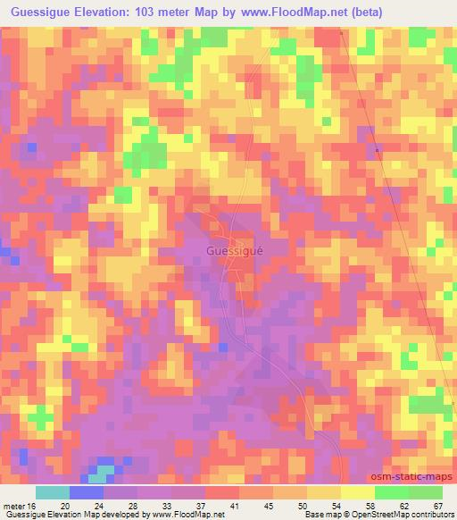 Guessigue,Ivory Coast Elevation Map