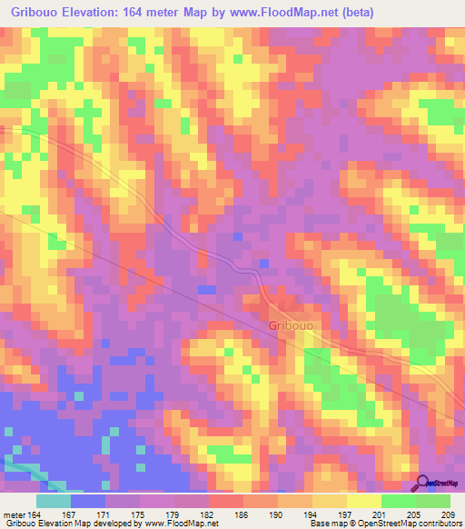 Gribouo,Ivory Coast Elevation Map