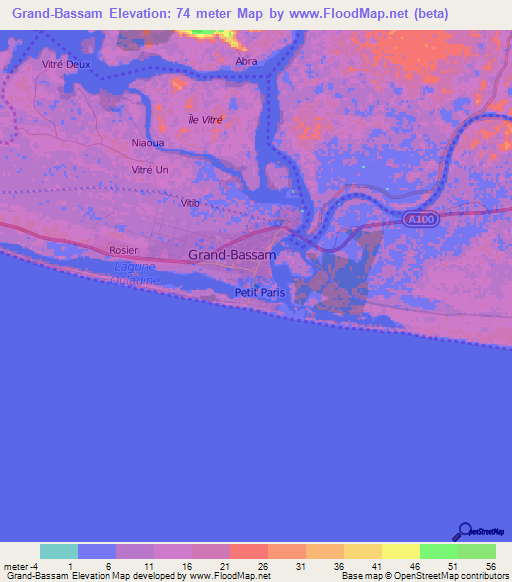 Grand-Bassam,Ivory Coast Elevation Map