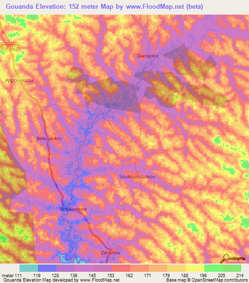 Gouanda,Ivory Coast Elevation Map