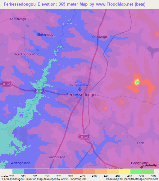 Ferkessedougou,Ivory Coast Elevation Map