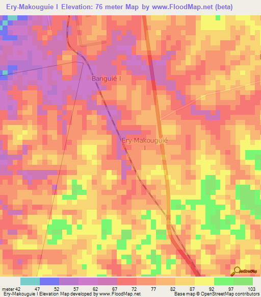 Ery-Makouguie I,Ivory Coast Elevation Map