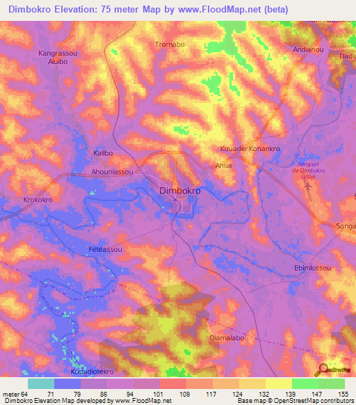 Dimbokro,Ivory Coast Elevation Map