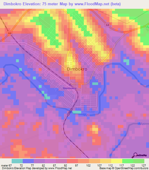 Dimbokro,Ivory Coast Elevation Map