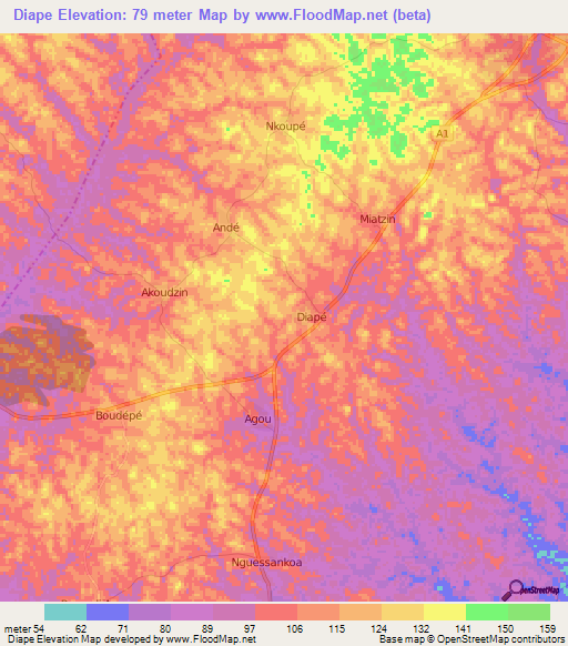 Diape,Ivory Coast Elevation Map