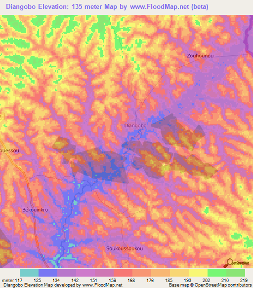 Diangobo,Ivory Coast Elevation Map