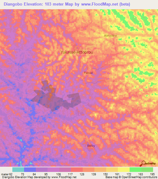 Diangobo,Ivory Coast Elevation Map