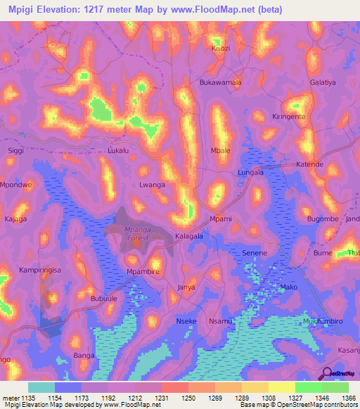 Mpigi,Uganda Elevation Map
