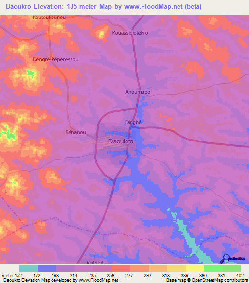 Daoukro,Ivory Coast Elevation Map