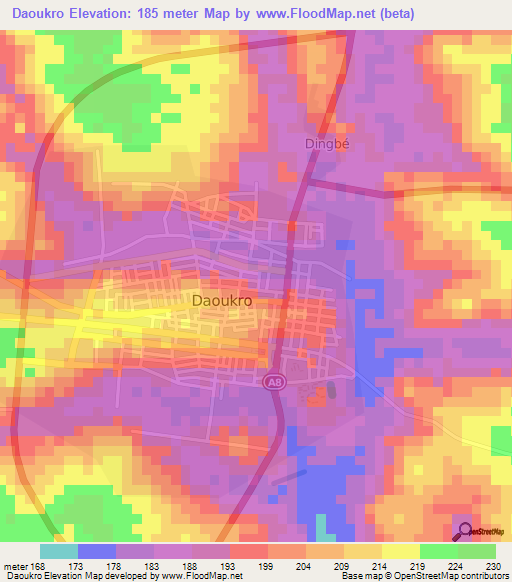 Daoukro,Ivory Coast Elevation Map