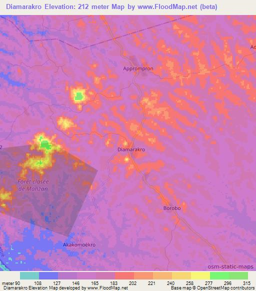 Diamarakro,Ivory Coast Elevation Map