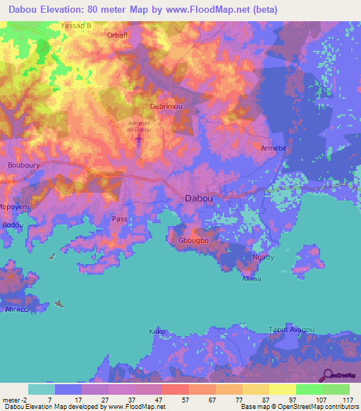 Dabou,Ivory Coast Elevation Map