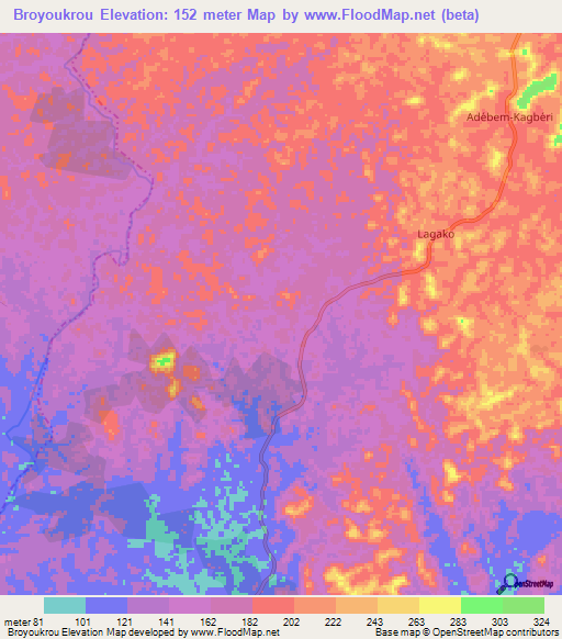 Broyoukrou,Ivory Coast Elevation Map