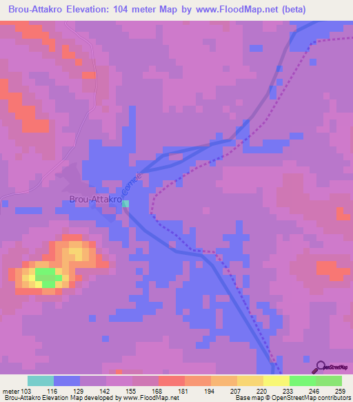 Brou-Attakro,Ivory Coast Elevation Map