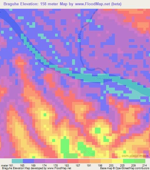 Braguhe,Ivory Coast Elevation Map