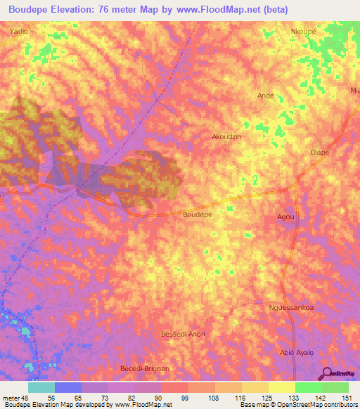 Boudepe,Ivory Coast Elevation Map