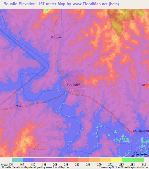 Bouafle,Ivory Coast Elevation Map