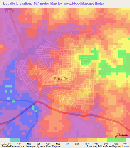 Bouafle,Ivory Coast Elevation Map