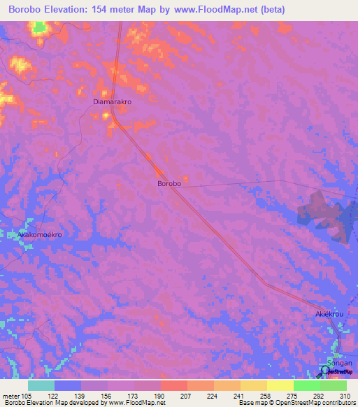 Borobo,Ivory Coast Elevation Map