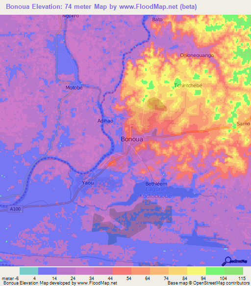 Bonoua,Ivory Coast Elevation Map