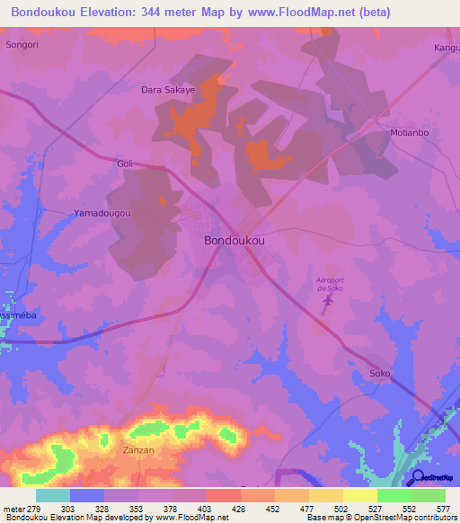 Bondoukou,Ivory Coast Elevation Map