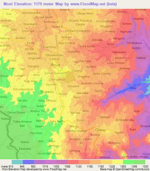 Moni,Uganda Elevation Map
