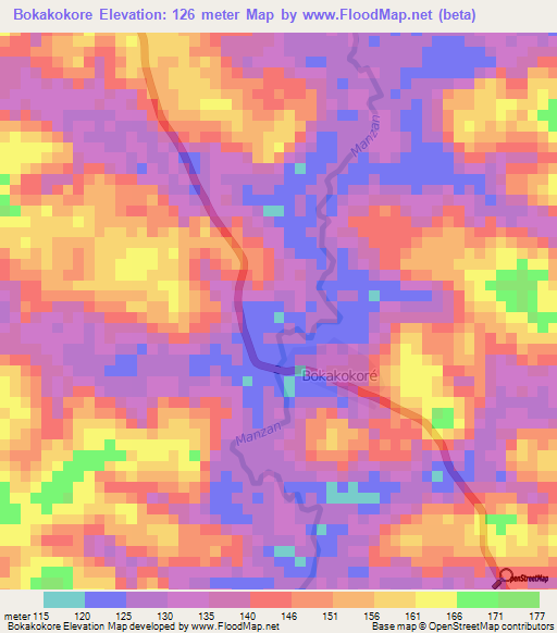 Bokakokore,Ivory Coast Elevation Map