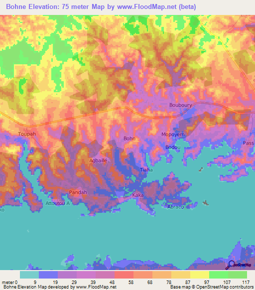 Bohne,Ivory Coast Elevation Map