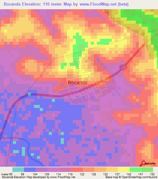 Bocanda,Ivory Coast Elevation Map