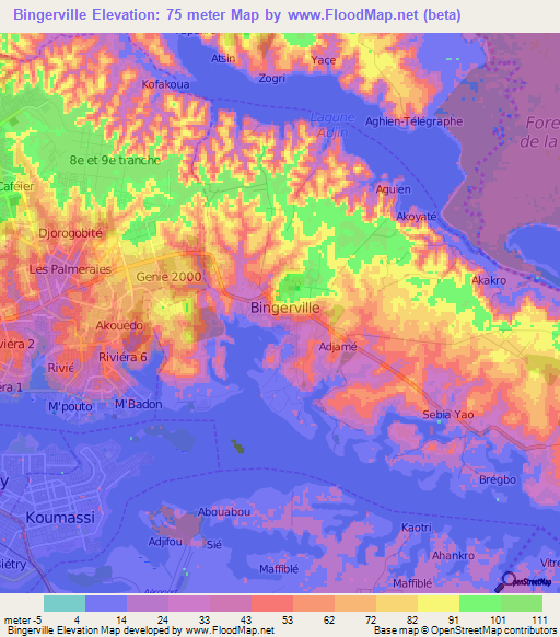 Bingerville,Ivory Coast Elevation Map