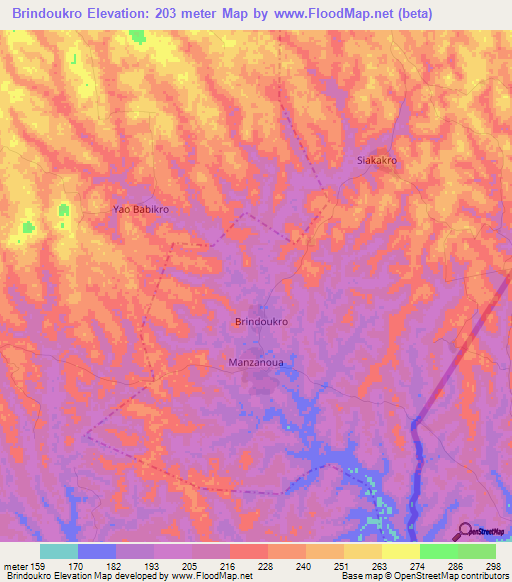 Brindoukro,Ivory Coast Elevation Map