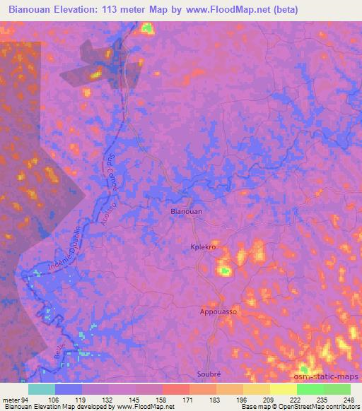 Bianouan,Ivory Coast Elevation Map