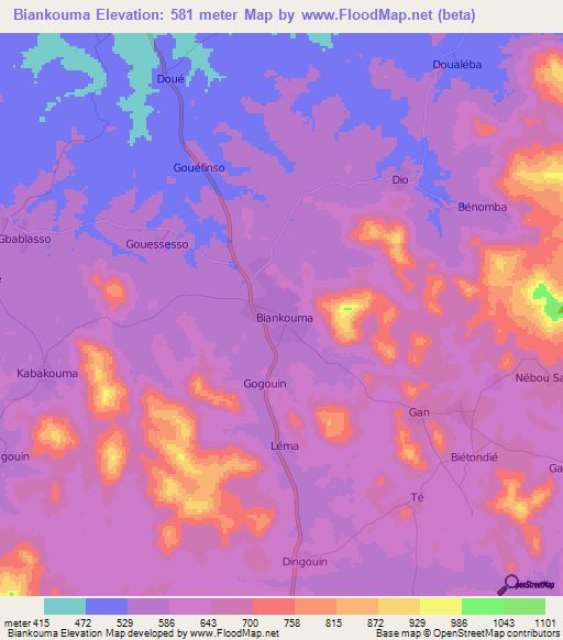 Biankouma,Ivory Coast Elevation Map