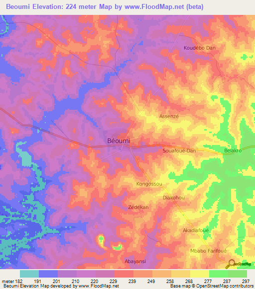 Beoumi,Ivory Coast Elevation Map
