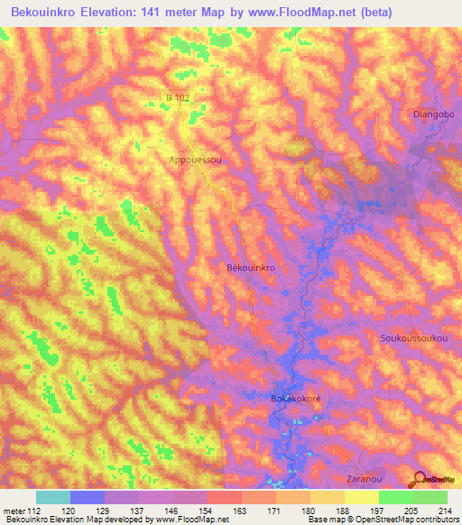 Bekouinkro,Ivory Coast Elevation Map