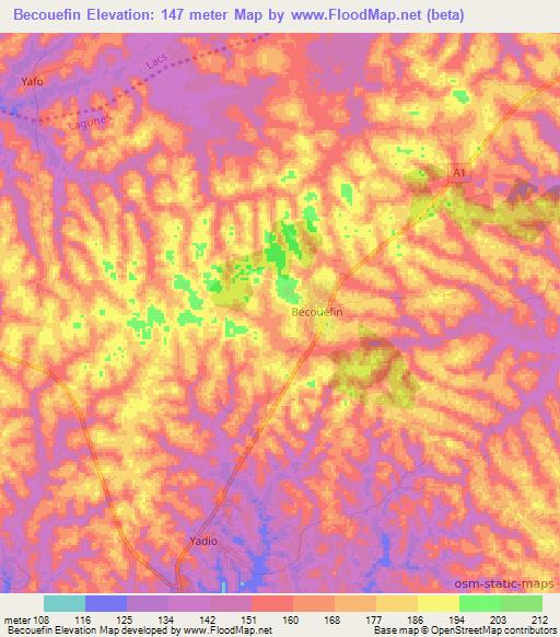 Becouefin,Ivory Coast Elevation Map