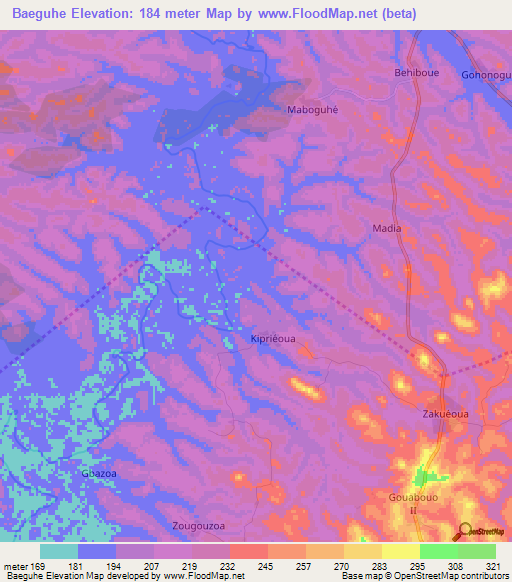 Baeguhe,Ivory Coast Elevation Map