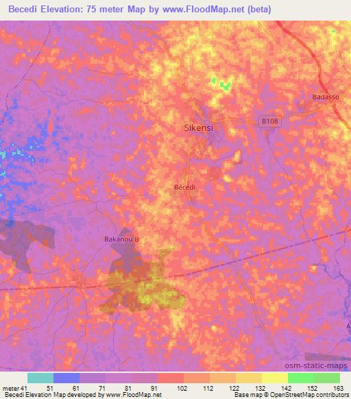 Becedi,Ivory Coast Elevation Map