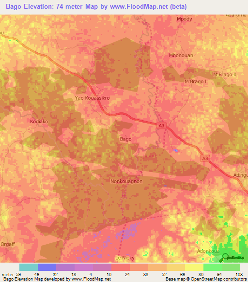 Bago,Ivory Coast Elevation Map